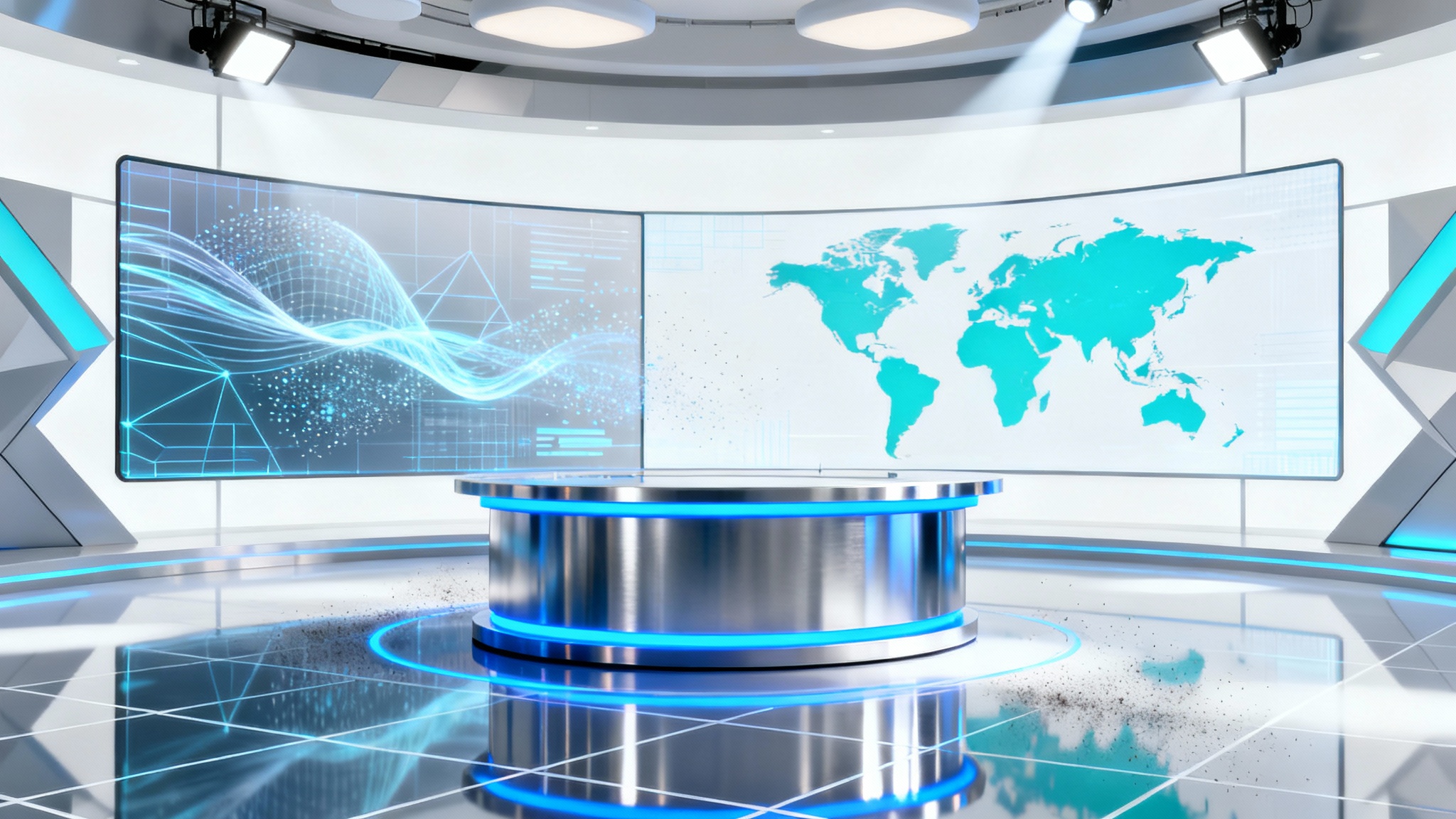 A futuristic virtual broadcast studio set with a central podium and large holographic screens displaying data, presented as a mockup on a white background.