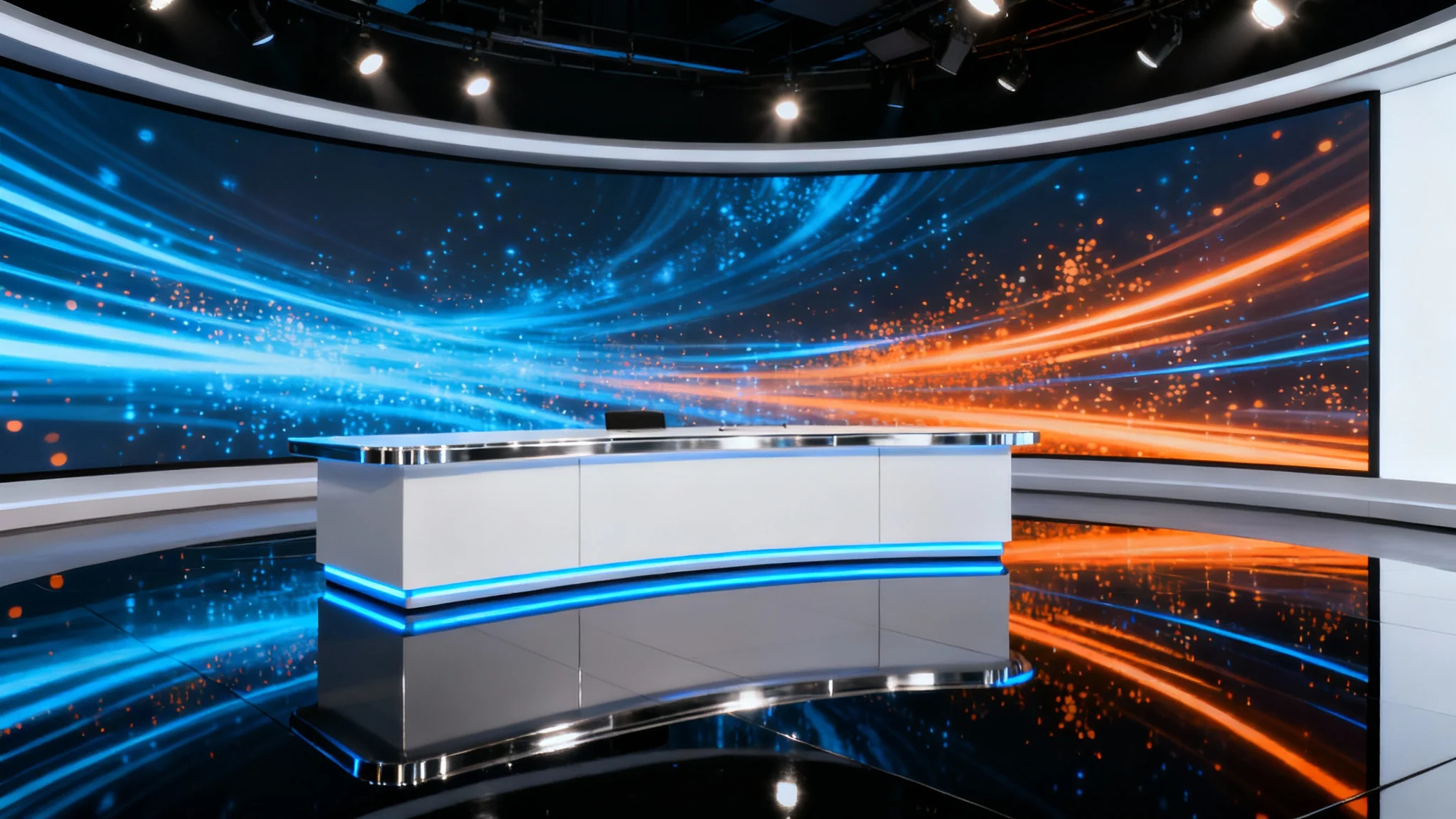 A photorealistic mockup of a modern virtual television studio set, featuring a sleek white desk and a large, glowing digital screen background, all isolated on a plain white background.