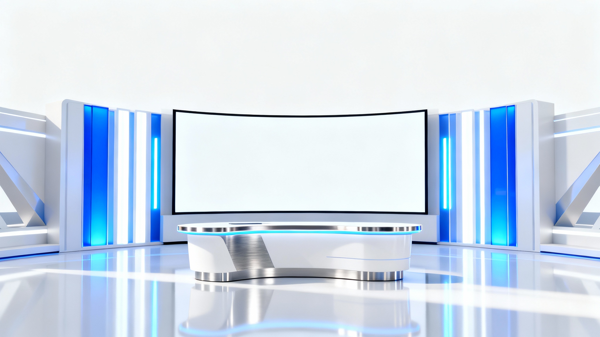 A modern, futuristic virtual news studio set with a sleek anchor desk and glowing blue light panels, displayed as a product mockup against a clean white background.