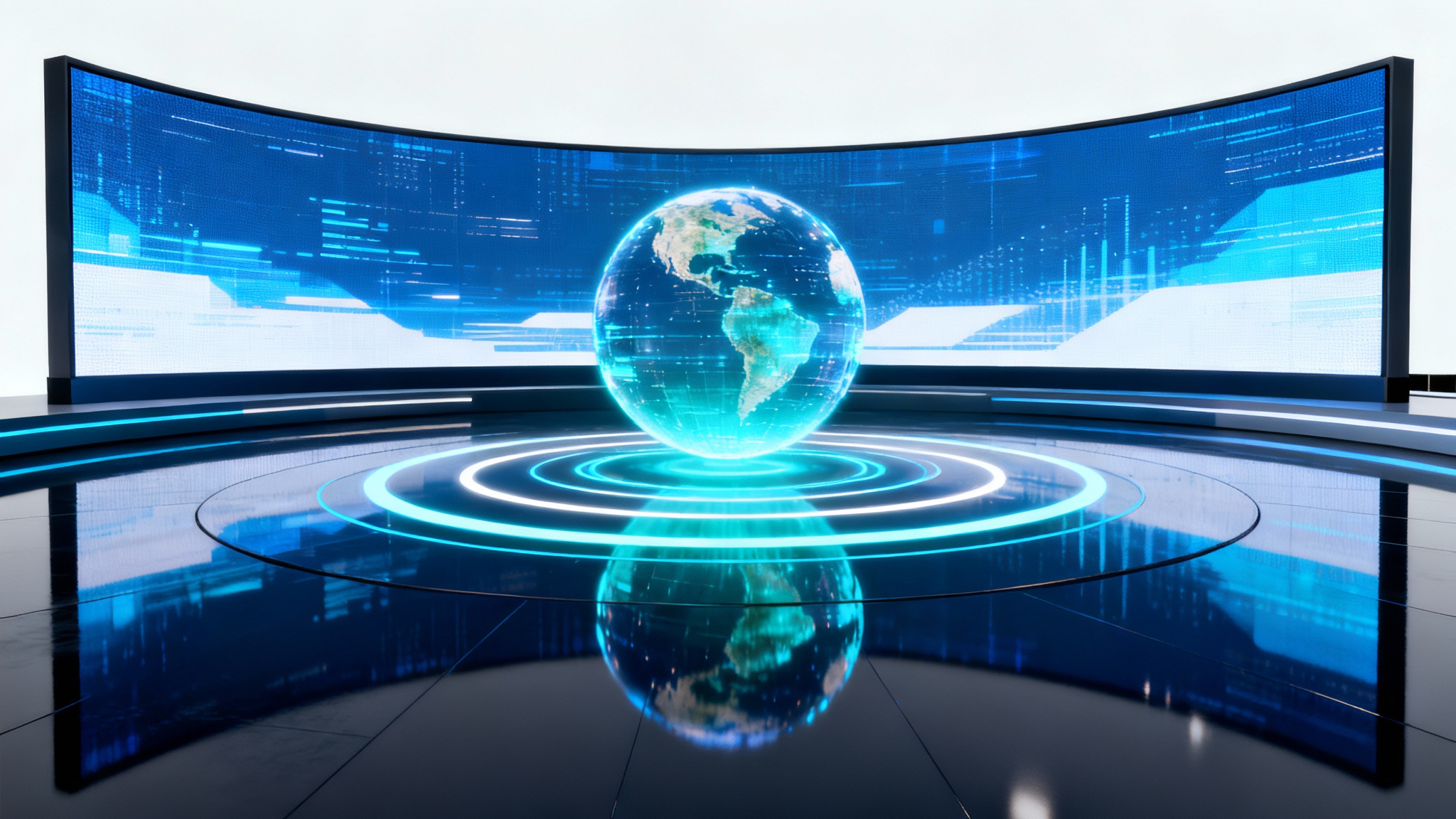 A photorealistic render of a futuristic virtual broadcast studio, featuring a central holographic globe, large digital screens with data visualizations, and glowing blue lights, all set against a clean white background.
