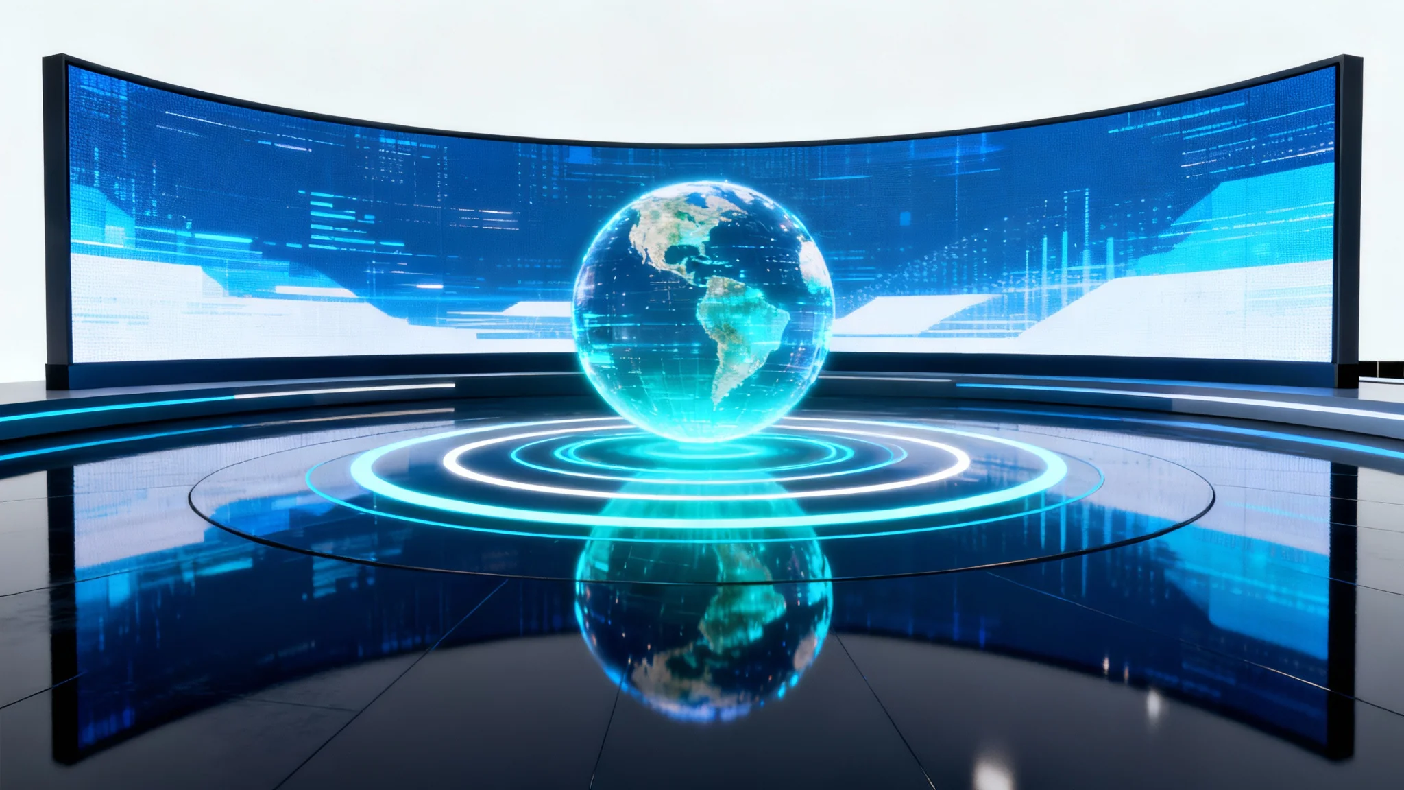 A photorealistic render of a futuristic virtual broadcast studio, featuring a central holographic globe, large digital screens with data visualizations, and glowing blue lights, all set against a clean white background.