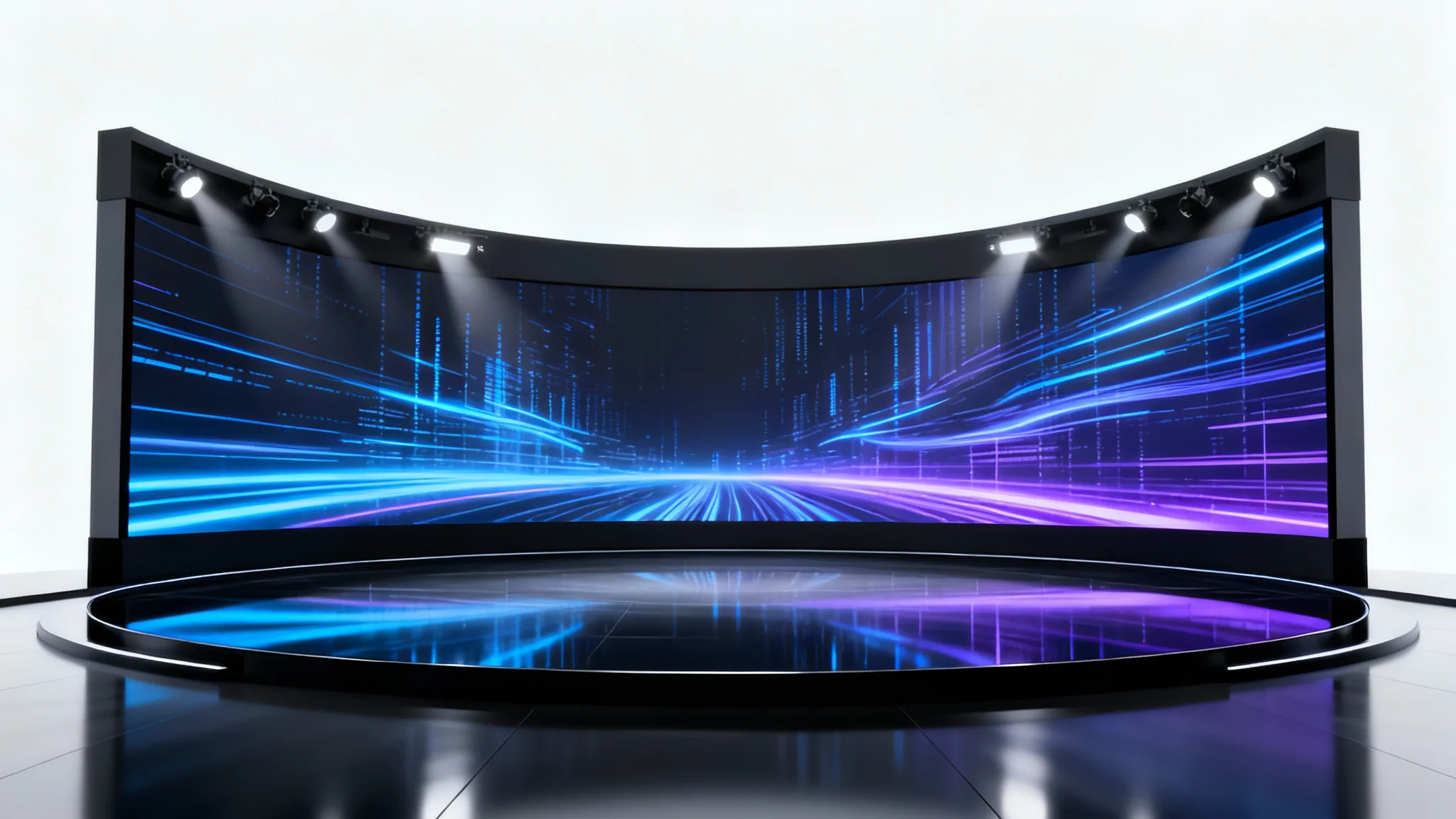A photorealistic mockup of a modern, high-tech virtual studio set with a reflective black floor and a large curved screen displaying abstract blue and purple light patterns, all on a clean white background.