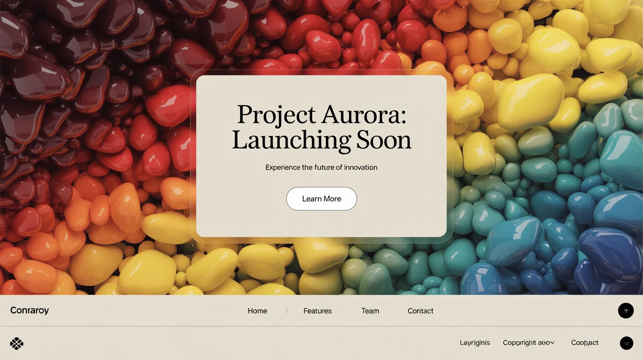 A polished 16:9 website hero image featuring a vibrant abstract background with swirls of red, yellow, and blue. A white card is overlaid on the background with the text 'Project Aurora: Launching Soon' in a modern font, demonstrating the final output of a design tool.