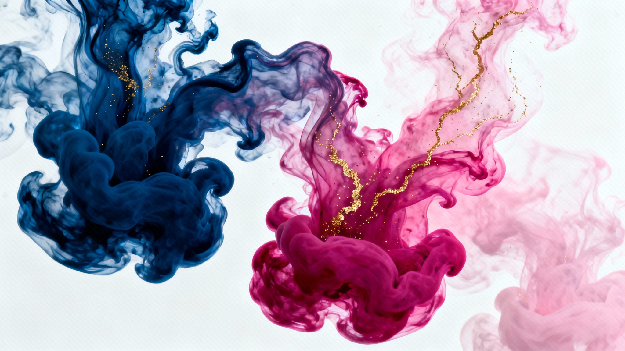 An elegant abstract background with swirling shapes of indigo, magenta, and pink ink mixed with gold dust, creating a fluid and luxurious design on a white background.