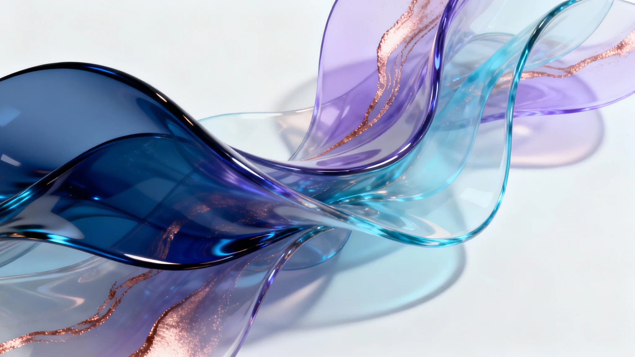 A modern abstract background featuring a fluid composition of translucent blue and lavender shapes with rose gold accents, set against a clean white backdrop.