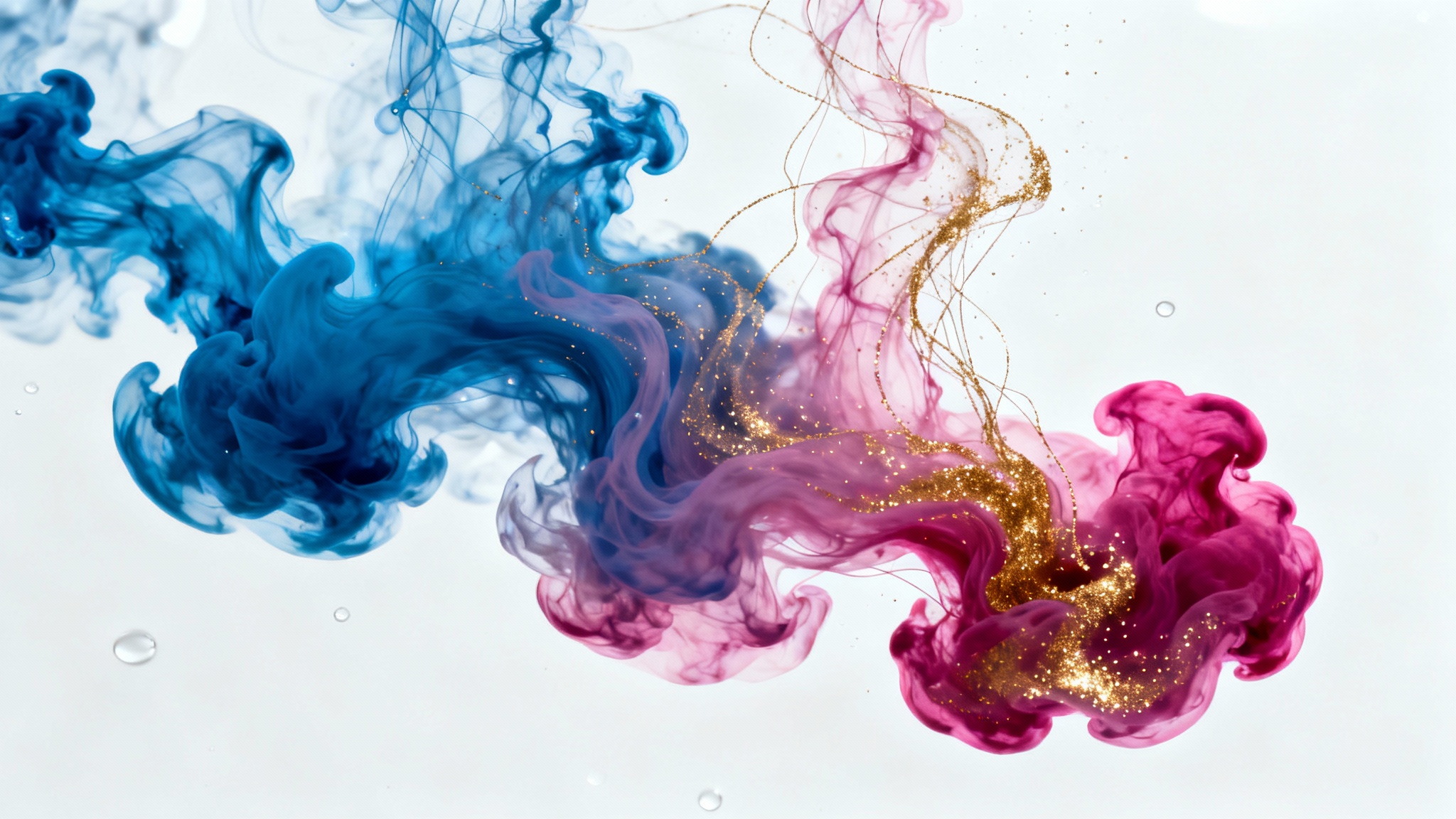 An abstract background mockup featuring vibrant swirls of blue, magenta, and gold ink suspended in liquid, creating a nebula-like effect on a clean white background.