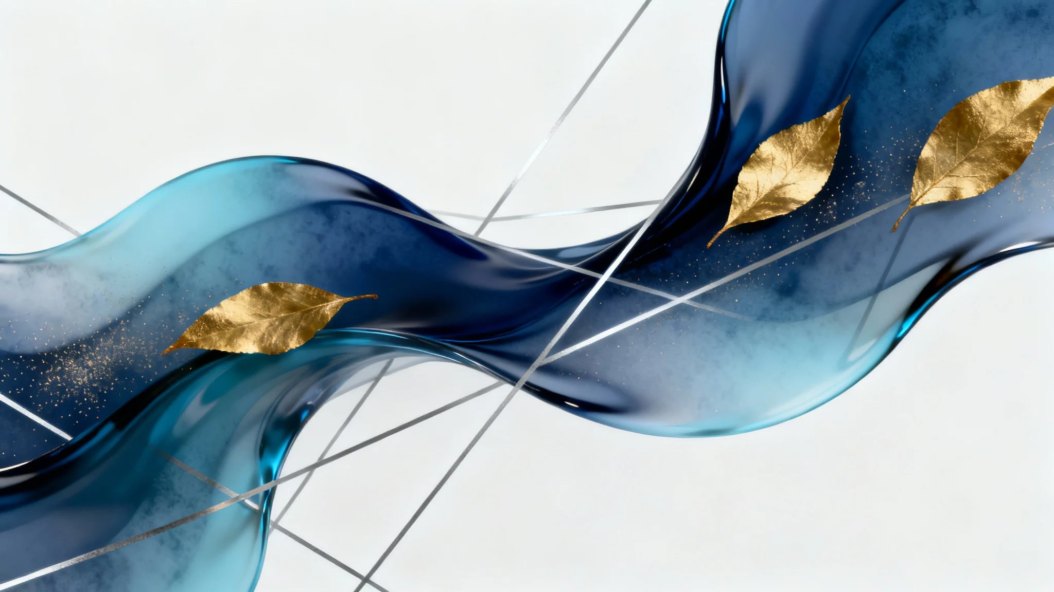 An elegant abstract background with flowing shapes of indigo, blue, and shimmering gold, set against a clean white background.