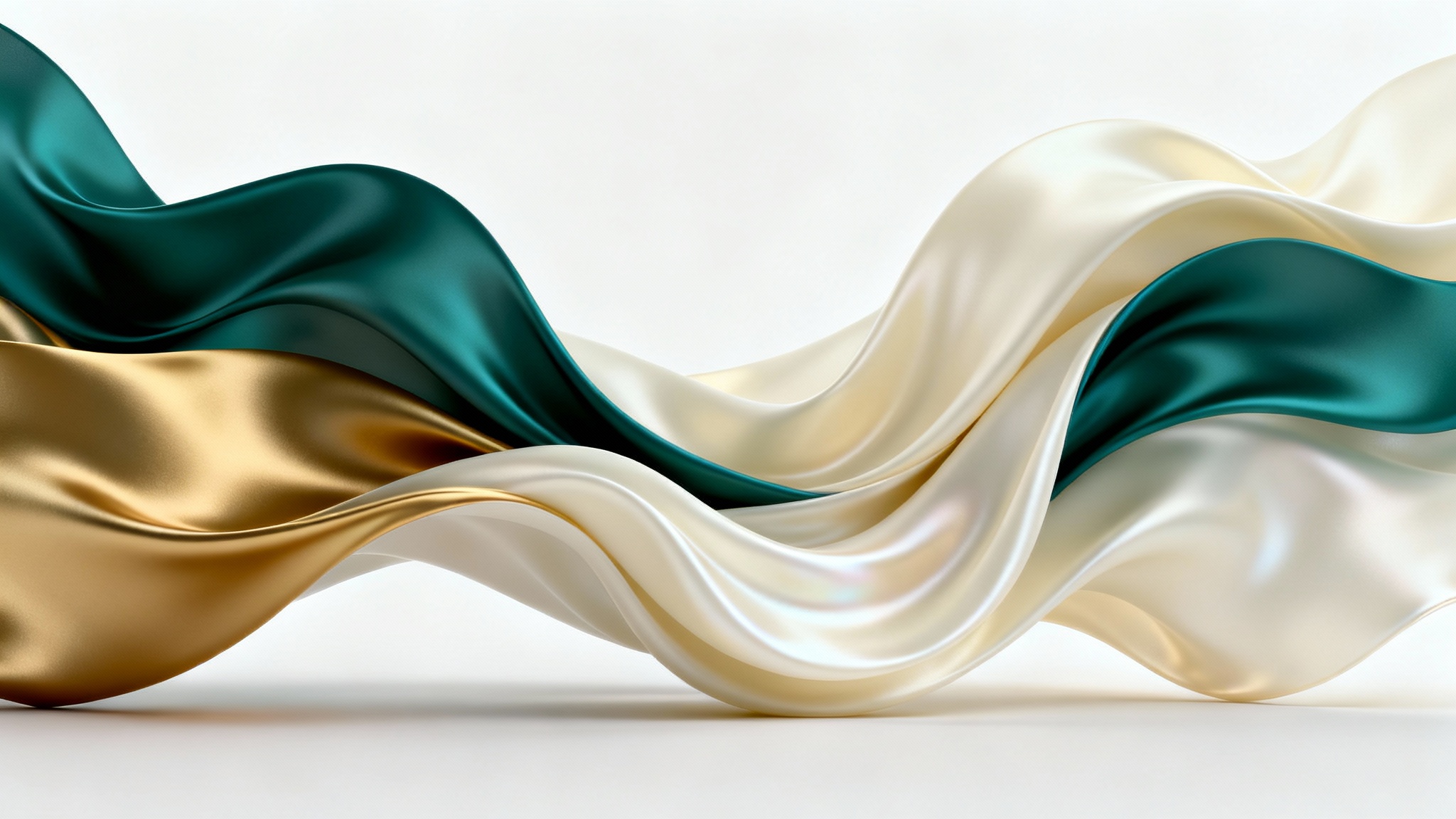 A sophisticated abstract background featuring intertwined fluid shapes in teal, gold, and off-white gradients, set against a clean white background.