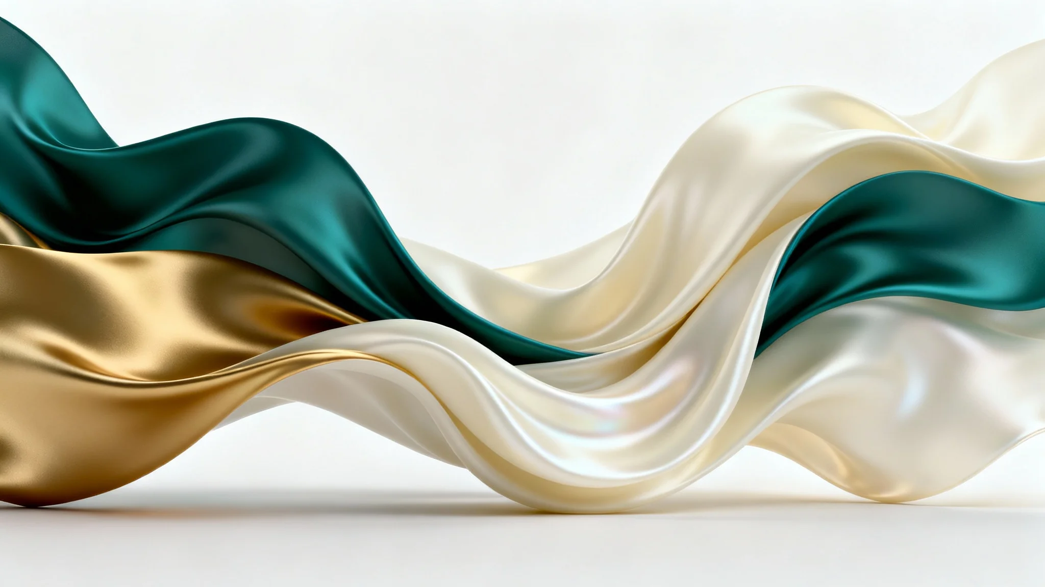 A sophisticated abstract background featuring intertwined fluid shapes in teal, gold, and off-white gradients, set against a clean white background.