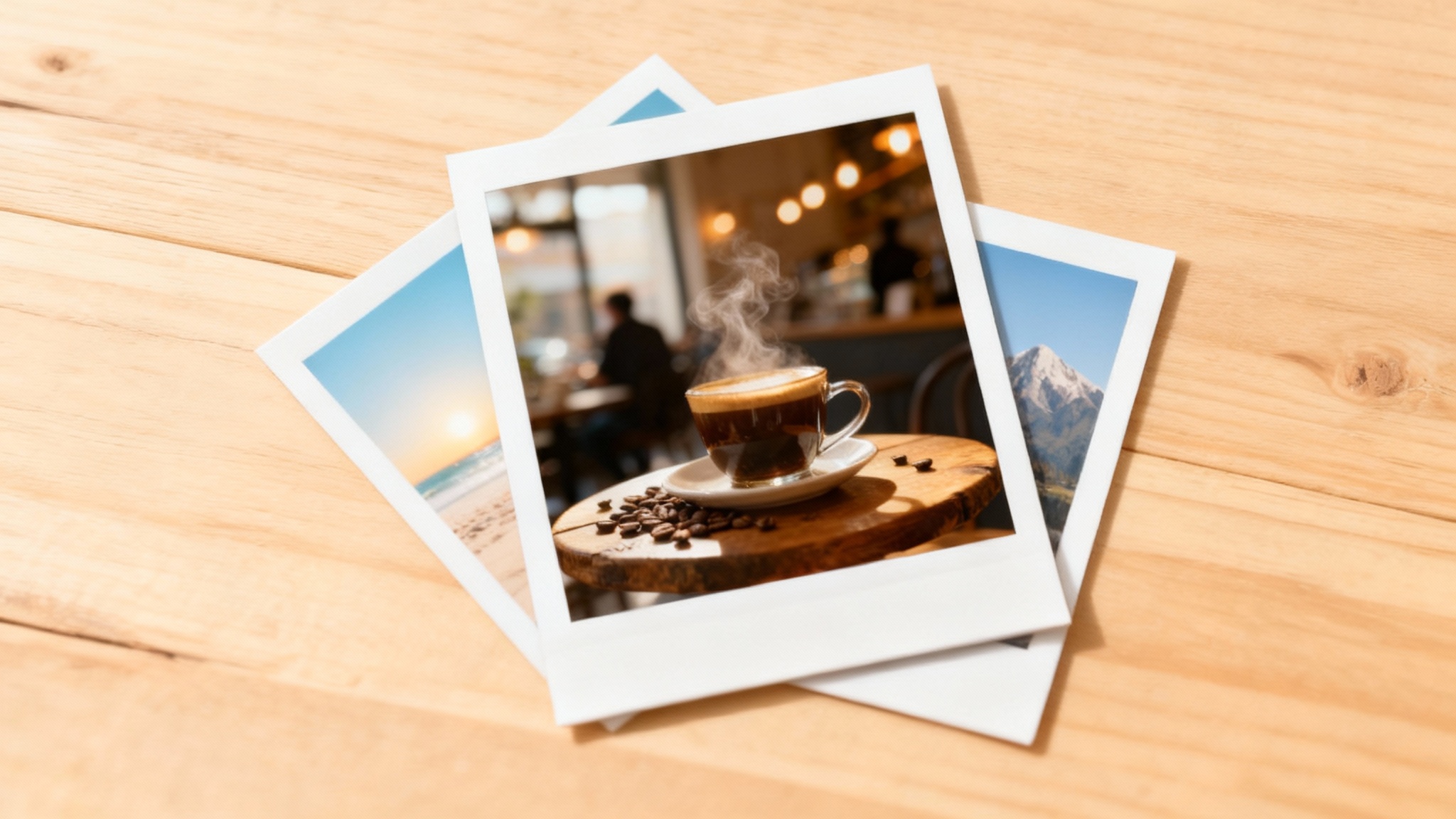 An eye-catching arrangement of three Polaroid photos on a wooden desk. The main photo in the center shows a warm and cozy café scene with a cup of coffee.