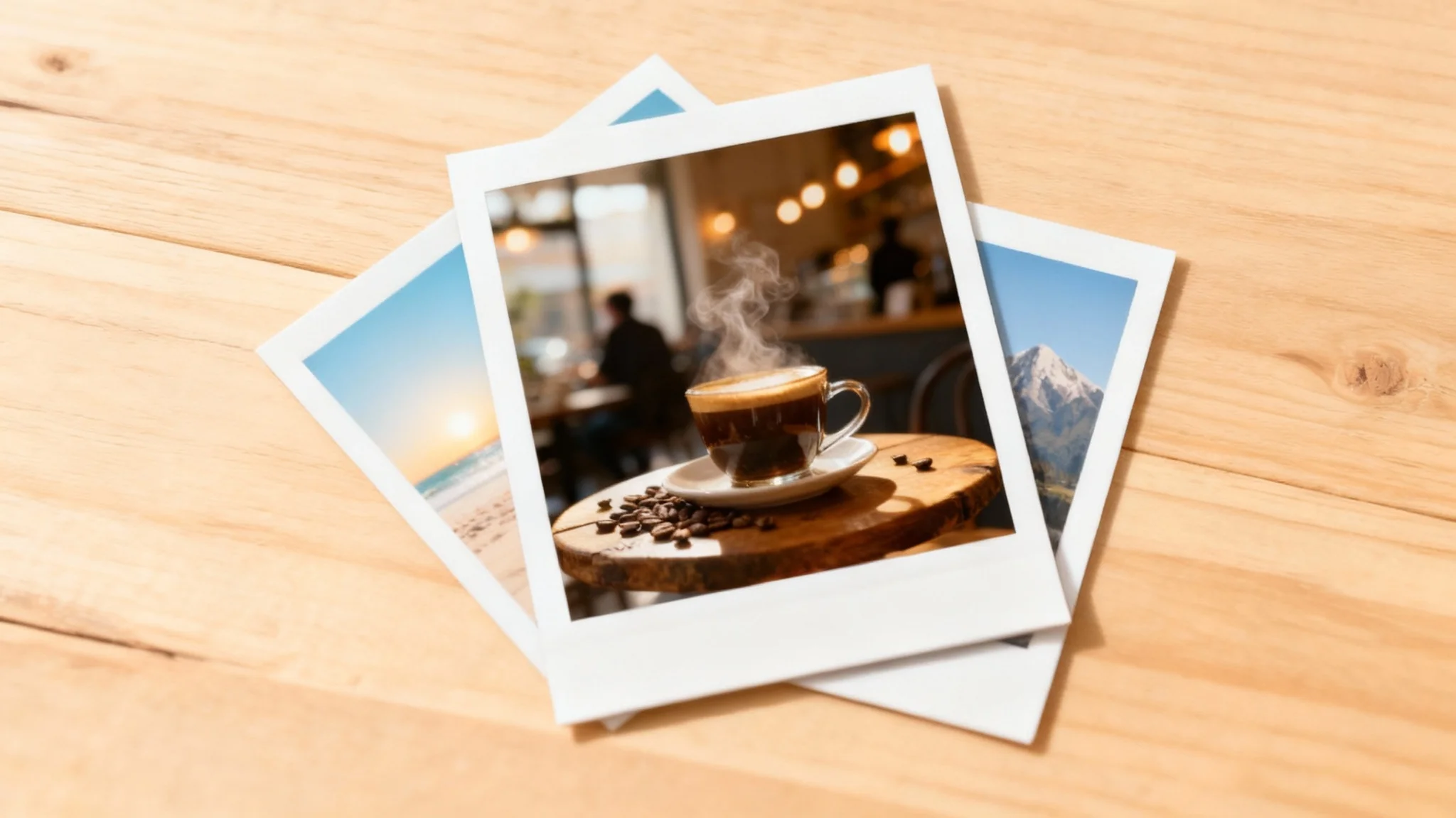 An eye-catching arrangement of three Polaroid photos on a wooden desk. The main photo in the center shows a warm and cozy café scene with a cup of coffee.
