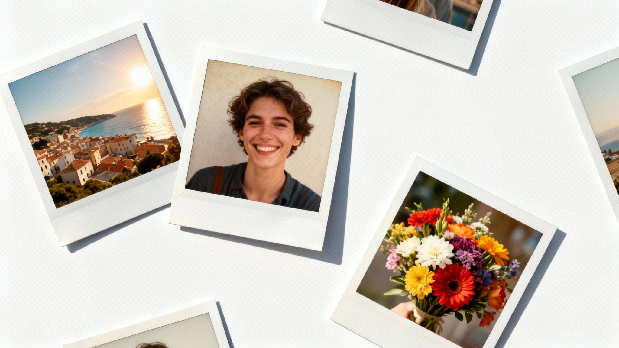 A collection of Polaroid-style instant photos laid out on a white surface, depicting various subjects like landscapes and portraits with a vintage filter effect.