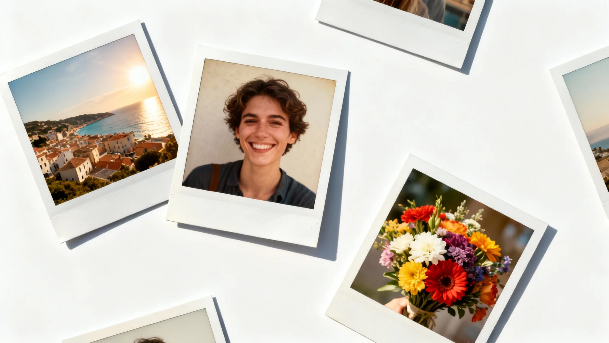 A collection of Polaroid-style instant photos laid out on a white surface, depicting various subjects like landscapes and portraits with a vintage filter effect.