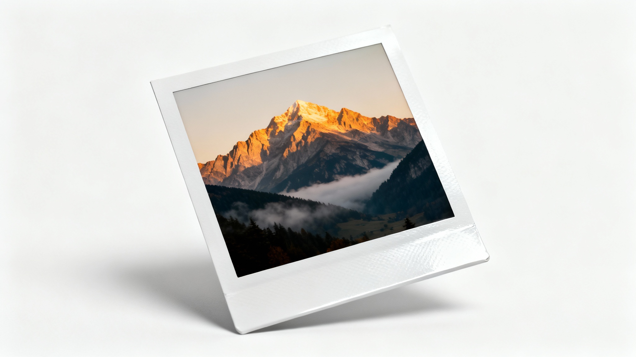A realistic mockup of a single Polaroid photo displaying a scenic mountain landscape at sunrise, set against a plain white background.