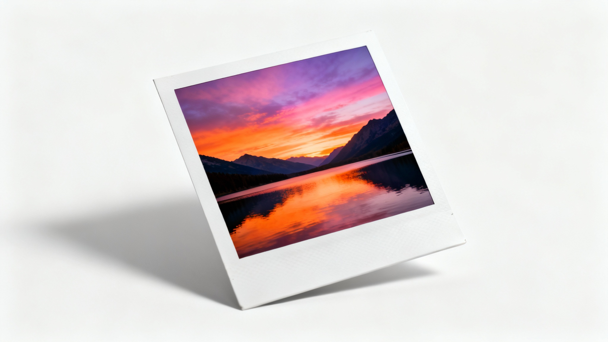 A realistic-looking Polaroid photo of a mountain sunset, resting on a white surface, demonstrating an image to Polaroid conversion.