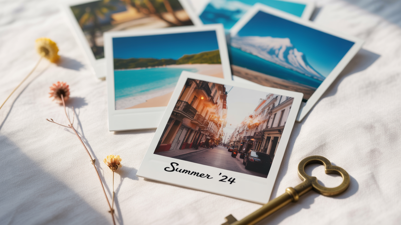 A flat lay of several Polaroid photos with travel scenes, scattered on a white background, evoking a sense of nostalgia.