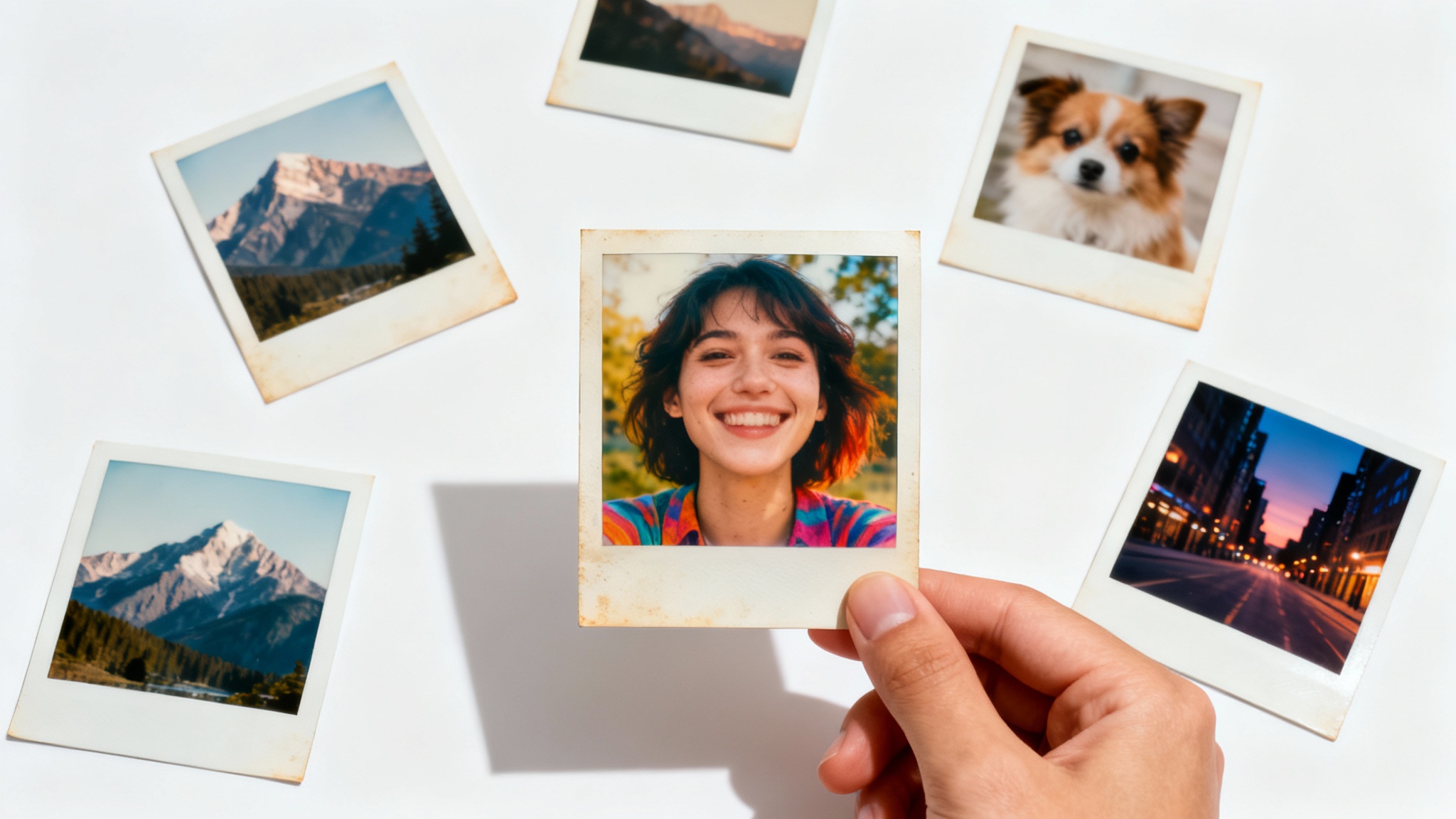 A collection of Polaroid-style photos scattered on a white surface, with a hand holding one showing a portrait, illustrating the image to polaroid conversion effect.