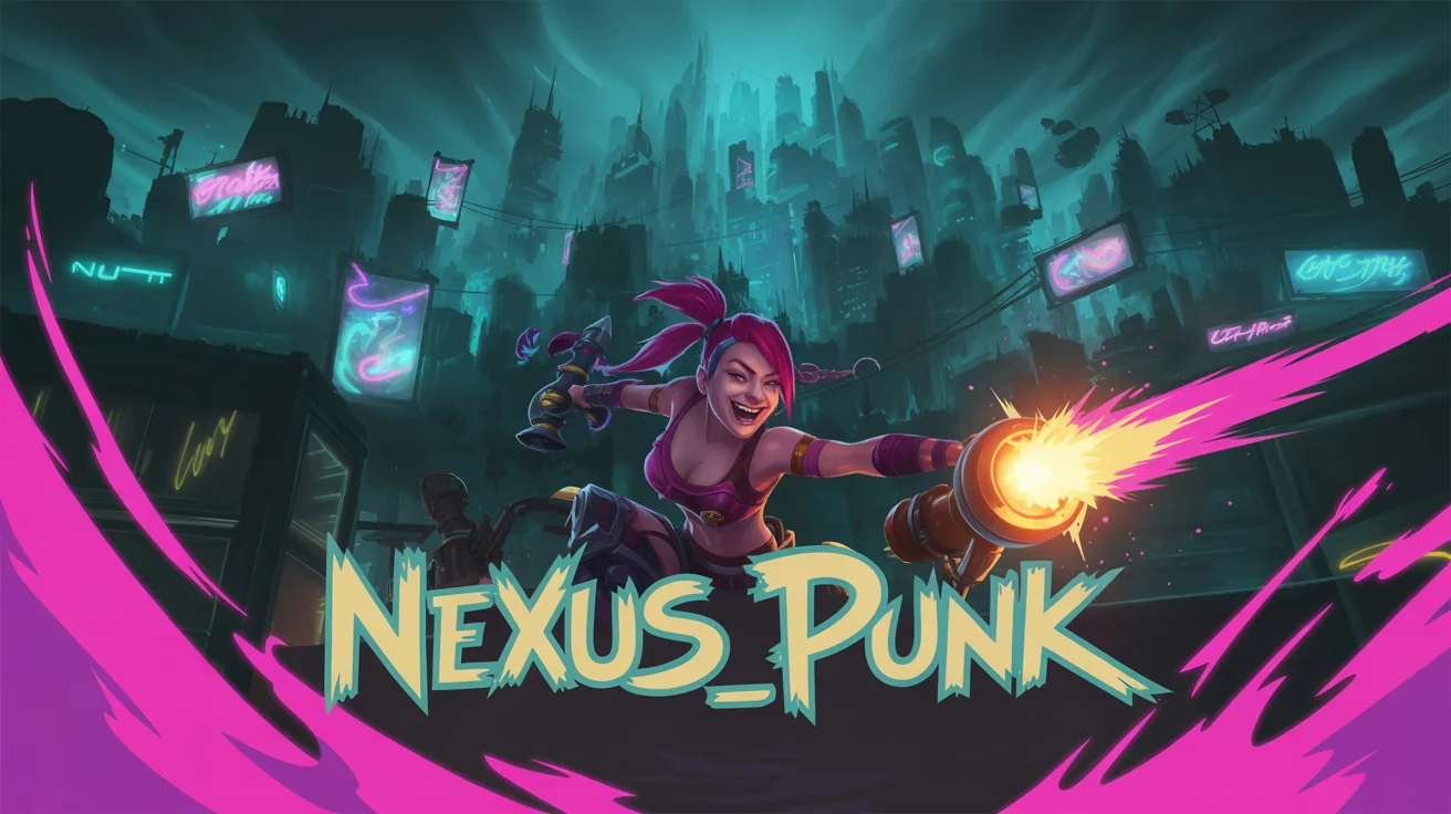 A professionally designed League of Legends hero banner featuring the champion Jinx in a dynamic pose, with the fictional gamer tag 'NEXUS_PUNK' in a stylized font.