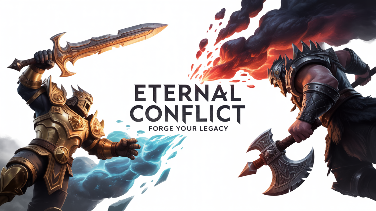 A mockup of a League of Legends banner showing two opposing champions in combat. The banner has text that reads 'ETERNAL CONFLICT' and 'FORGE YOUR LEGACY'.