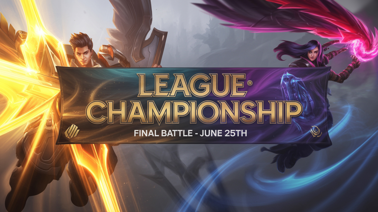 A mockup of a 'League of Legends' championship banner featuring champions Garen and Katarina in a dramatic pose, set against a white background.