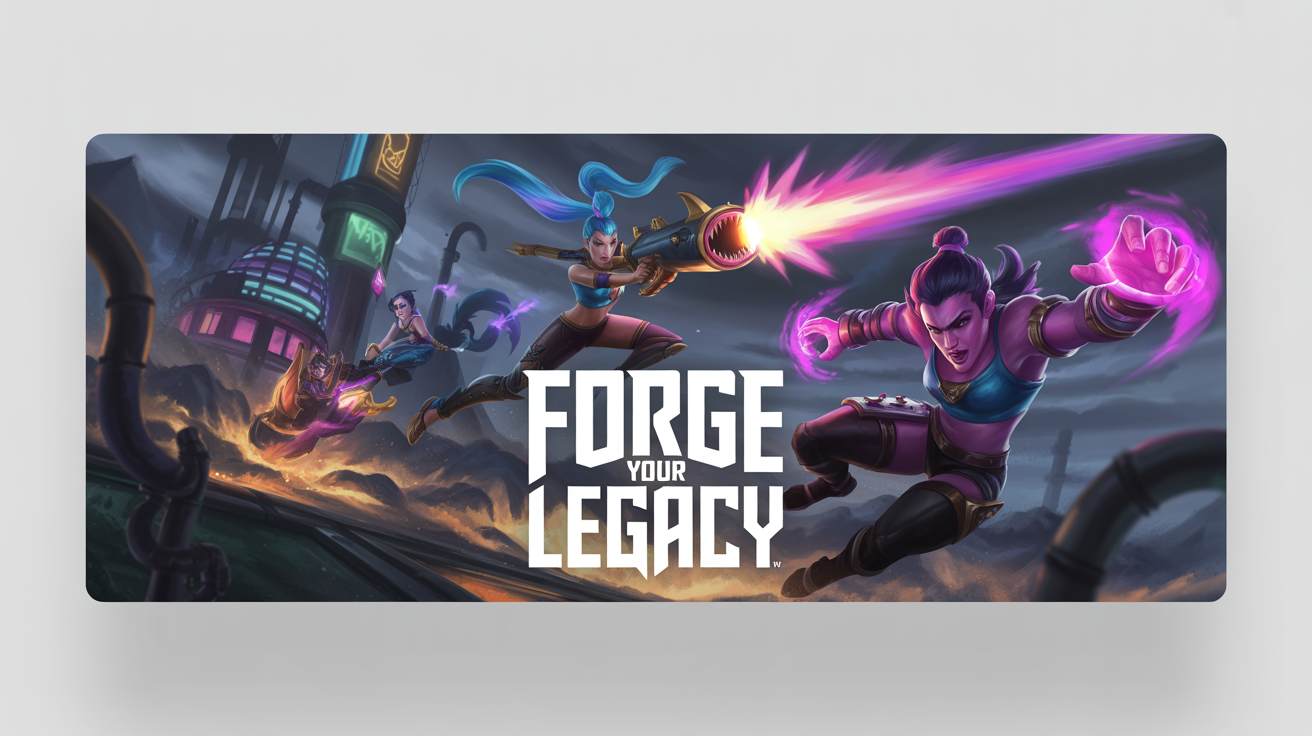 A League of Legends banner mockup on a white background. The banner shows champions Jinx and Vi in a dynamic battle scene in Zaun, with the text 'FORGE YOUR LEGACY' in the middle.
