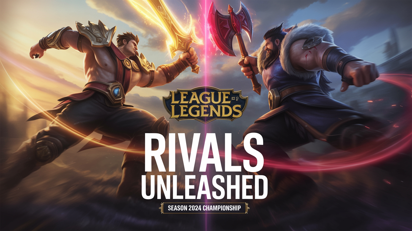 A League of Legends banner showing a dramatic face-off between champions Garen and Darius, with the text 'League of Legends Rivals Unleashed Season 2024 Championship'.