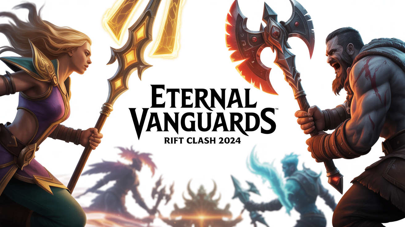A mockup of a League of Legends banner featuring a light mage and a dark warrior in combat, with the text 'ETERNAL VANGUARDS' and 'RIFT CLASH 2024' displayed prominently. The banner is shown against a white background.