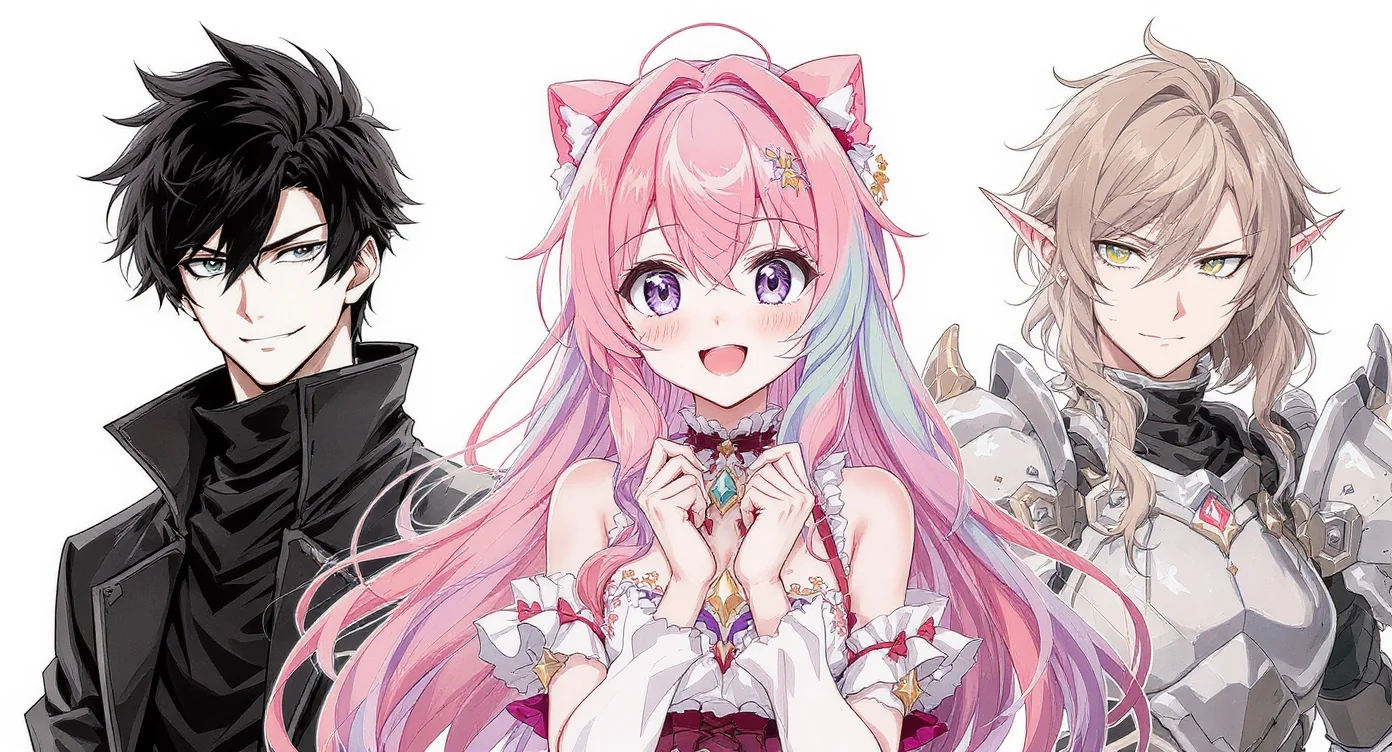 An eye-catching digital illustration of three distinct custom manga characters: a modern boy in a jacket, a cheerful girl with pastel hair, and a fantasy character in armor, all set against a plain white background.