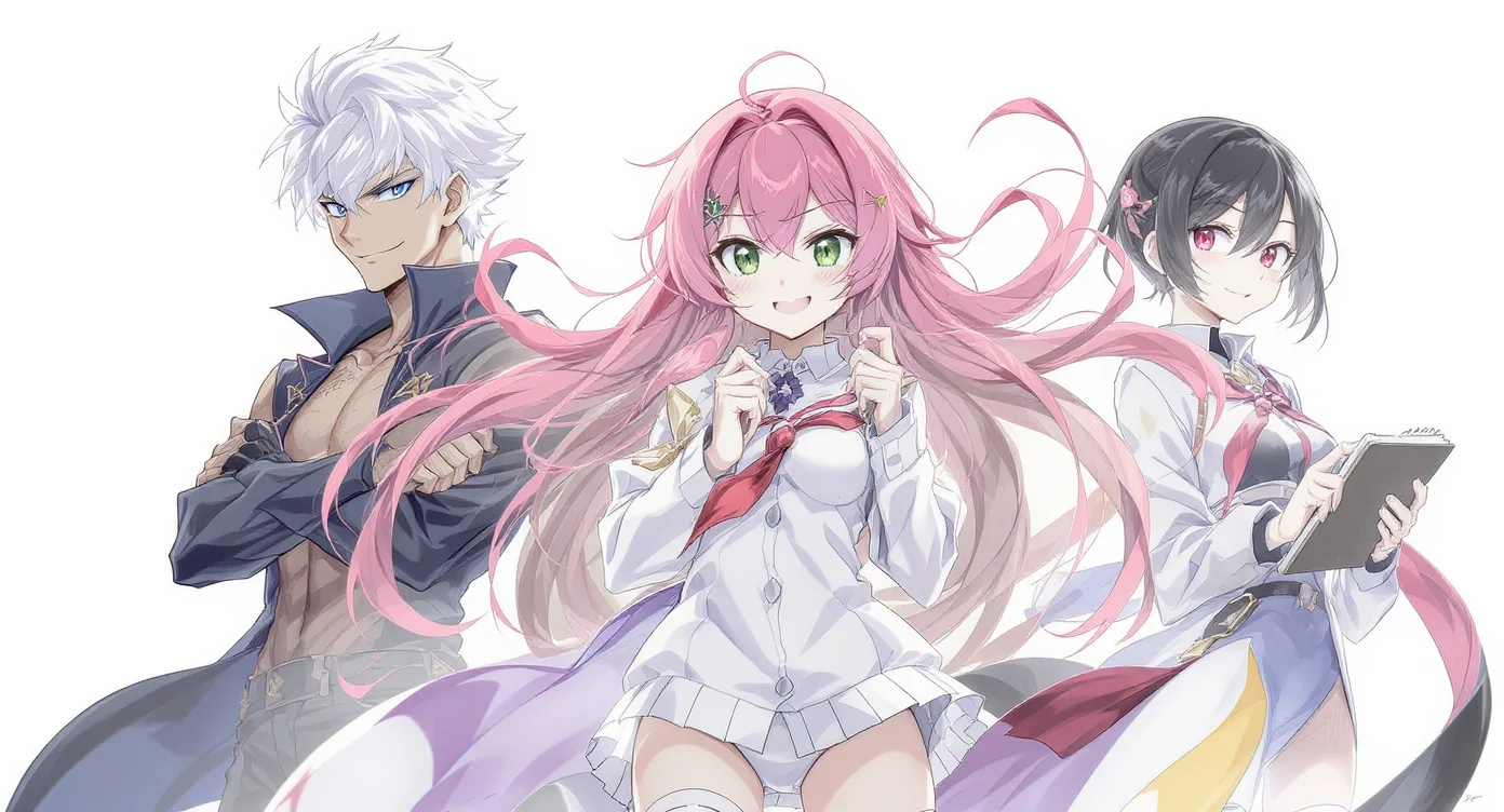 A showcase of three distinct custom manga characters against a white background. A pink-haired girl in an action pose is in the center, flanked by a silver-haired boy and a black-haired girl holding a sketchbook, all in a modern, colorful manga style.