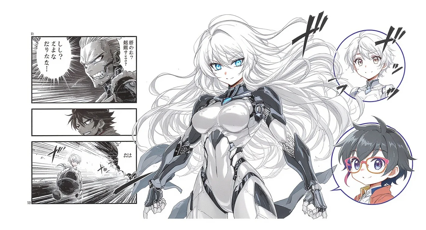 A mockup showcasing custom manga creations on a white background, featuring a central cyborg character, a black and white story panel, and a colorful chibi profile picture.