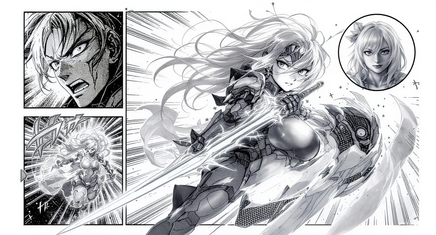 A mockup of custom manga creations, featuring a central sci-fi female character, two comic story panels, and a circular profile picture, all in a professional black and white manga art style against a white background.