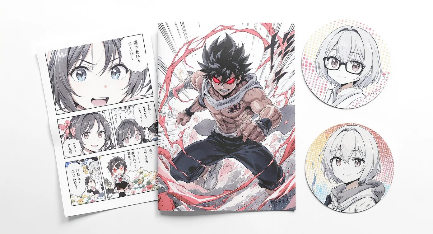 A collection of custom manga art, including a full-body action character, a two-panel story strip, and two distinct circular profile pictures, all arranged neatly on a clean white background.