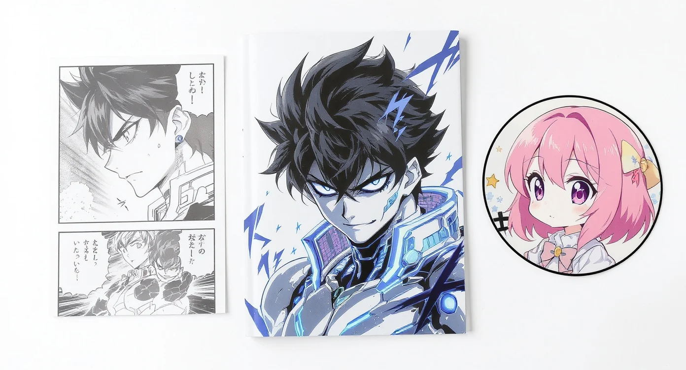 A collection of three custom manga illustrations on a white background: a sci-fi character concept, a dramatic black-and-white panel, and a cute, colorful chibi profile picture.