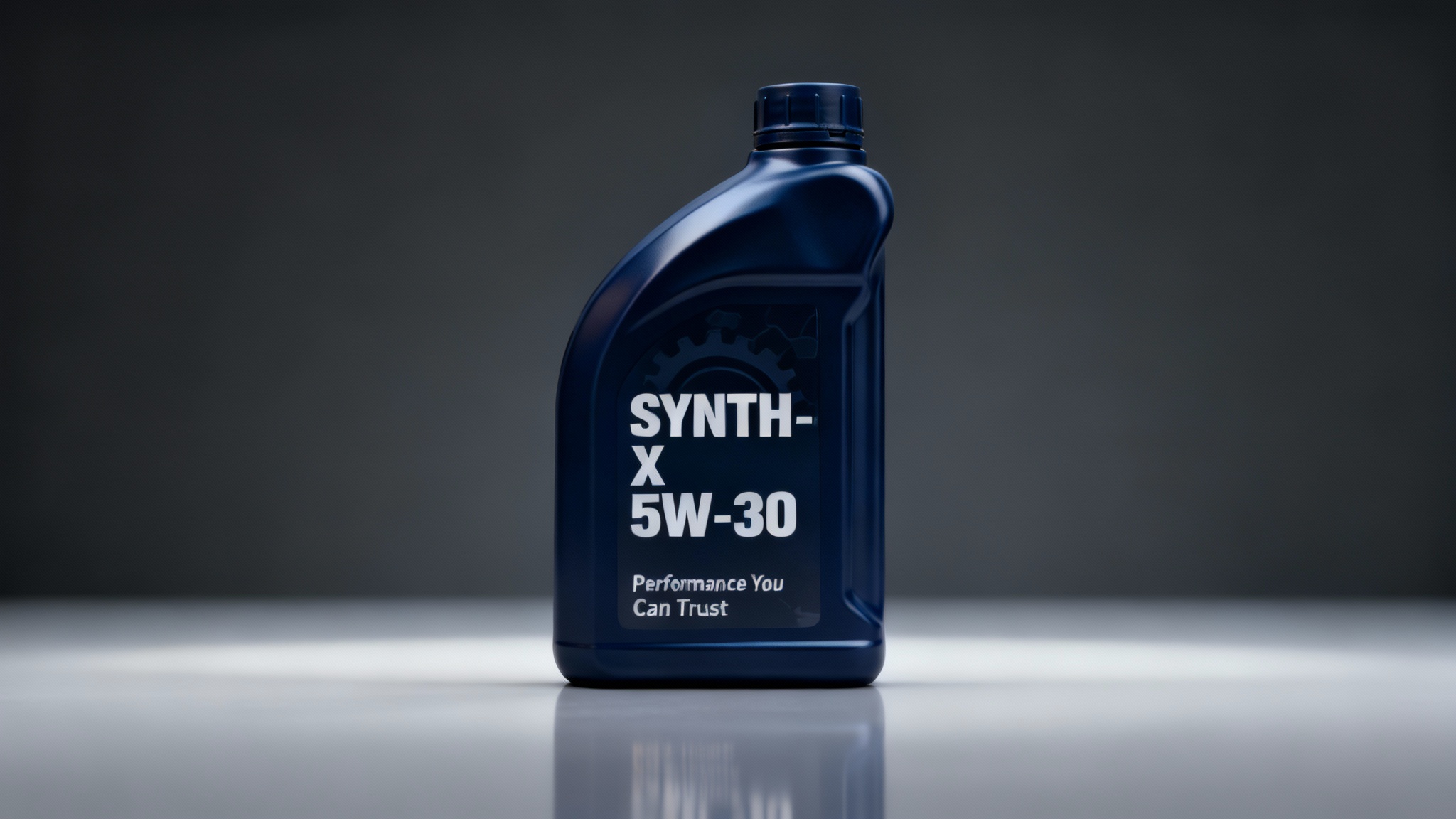 A professional product mockup of a modern, dark blue engine oil bottle with a custom label reading 'SYNTH-X 5W-30' and 'Performance You Can Trust' in a studio setting.