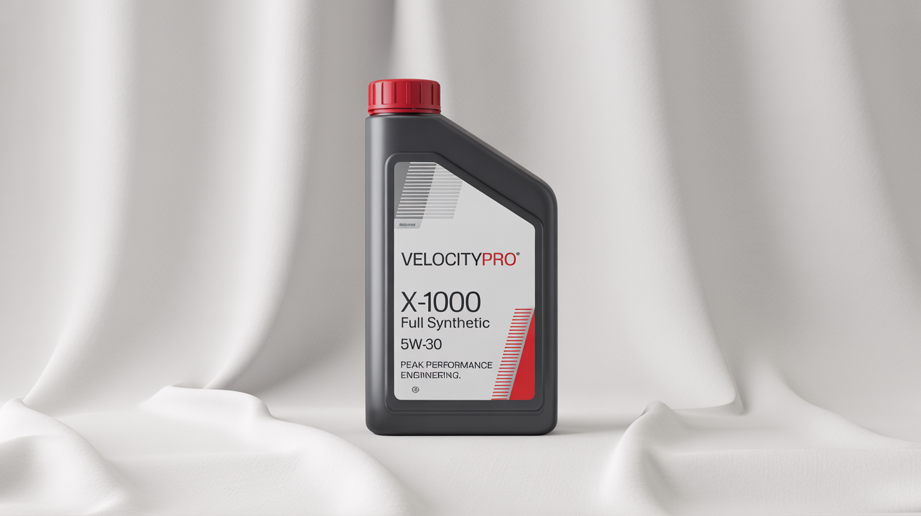 A mockup of a modern, black engine oil bottle for 'VelocityPro X-1000 Full Synthetic' with a red cap, against a clean white background.