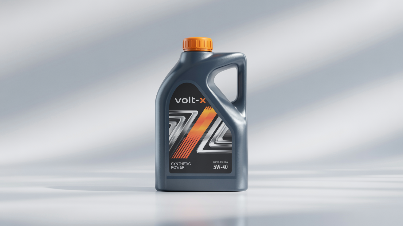 A photorealistic mockup of a modern dark grey engine oil bottle with an orange cap, featuring a professional label for 'VOLT-X SYNTHETIC POWER 5W-40' on a white background.