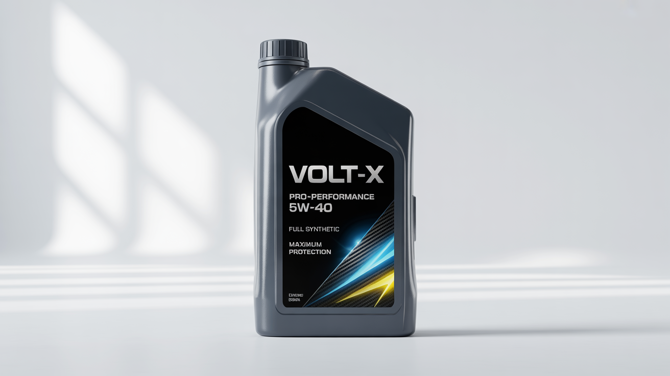 A sleek, charcoal gray engine oil bottle mockup with a modern label reading 'VOLT-X PRO-PERFORMANCE 5W-40', set against a solid white background.