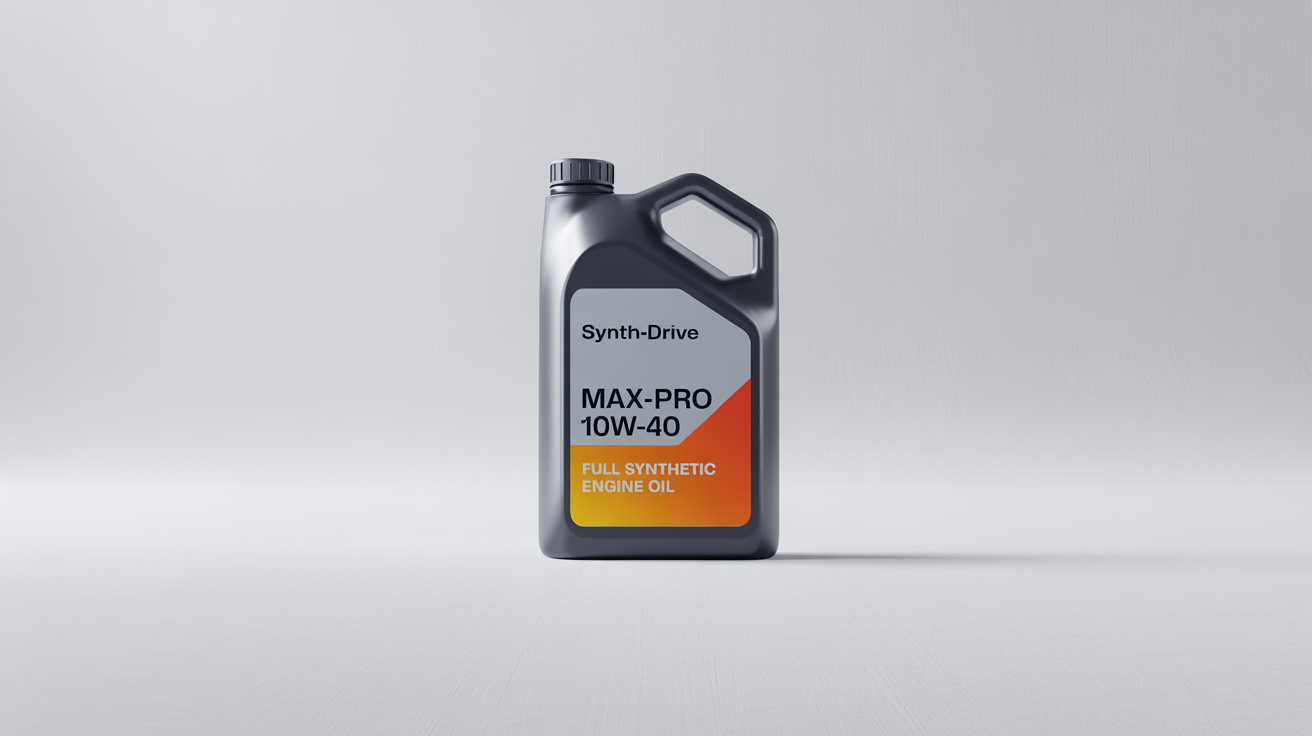 A sleek, dark grey engine oil bottle mockup with an orange and silver label reading 'SYNTH-DRIVE MAX-PRO 10W-40', shown in a professional product shot against a white background.
