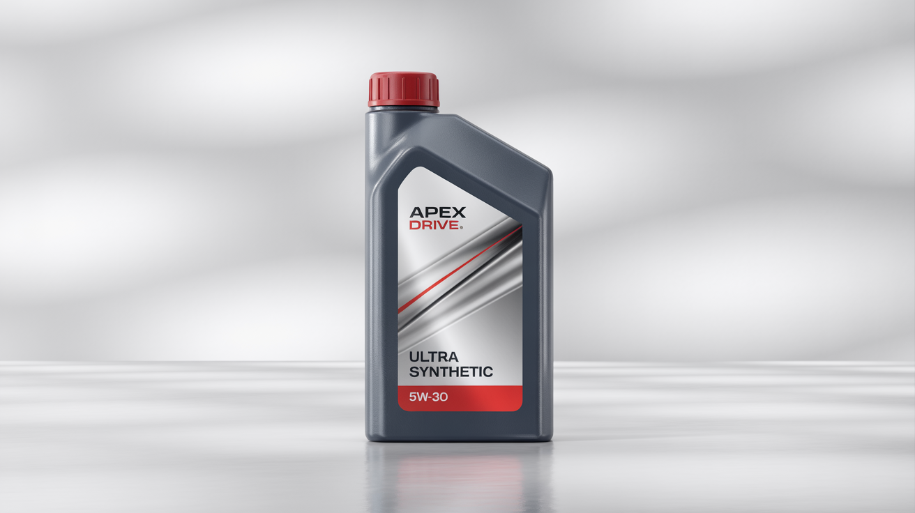 A photorealistic mockup of a sleek, dark grey engine oil bottle with a red cap, featuring a professional label for 'APEX DRIVE ULTRA SYNTHETIC 5W-30', set against a clean white background.