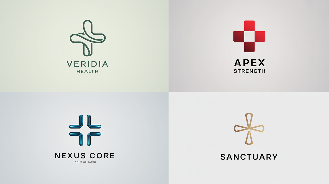 A collage of four professionally designed cross logos for different industries: a green health logo, a red fitness logo, a blue tech logo, and a gold luxury logo.