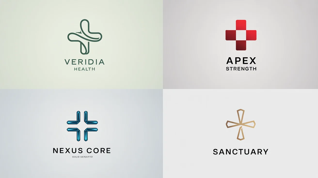 A collage of four professionally designed cross logos for different industries: a green health logo, a red fitness logo, a blue tech logo, and a gold luxury logo.