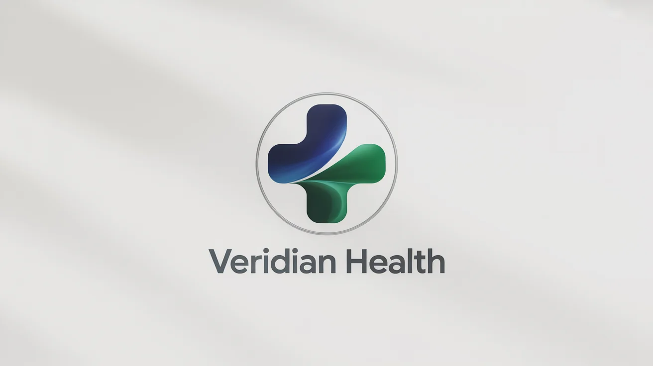 A modern cross logo mockup for a fictional company named 'Veridian Health'. The logo features a blue-to-green gradient cross inside a silver circle, set against a clean white background.