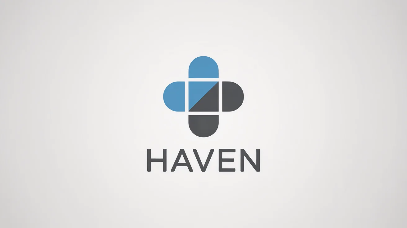 A modern, minimalist cross logo with the word 'HAVEN' underneath. The cross is composed of overlapping blue and gray rounded shapes, presented on a clean white background.