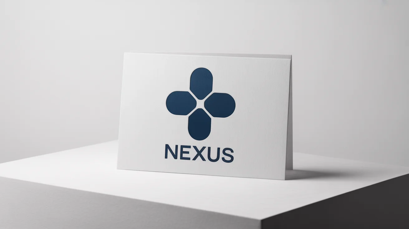 A modern, minimalist navy blue cross logo for a brand named 'NEXUS', embossed on a white paper card against a clean white background.