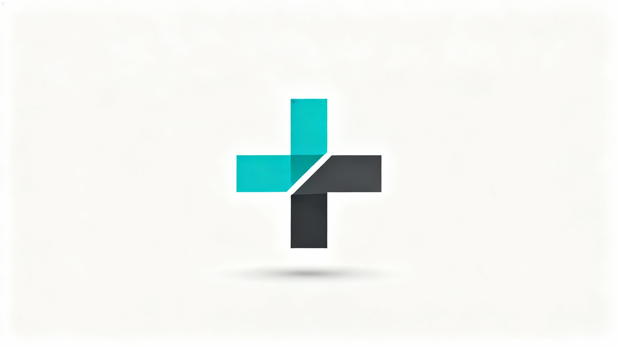 A modern, minimalist cross logo with one teal arm and three dark gray arms, displayed on a clean white background.