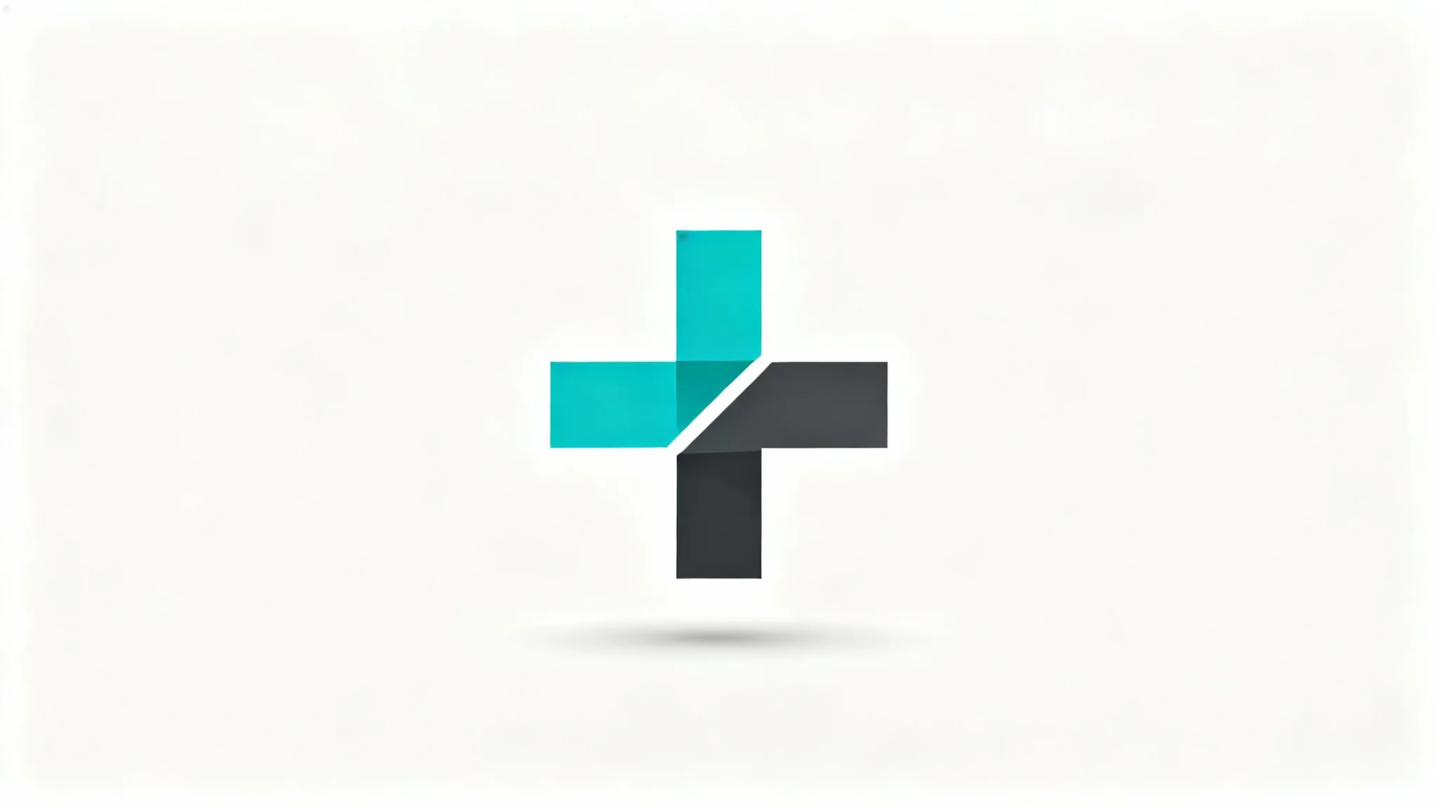 A modern, minimalist cross logo with one teal arm and three dark gray arms, displayed on a clean white background.