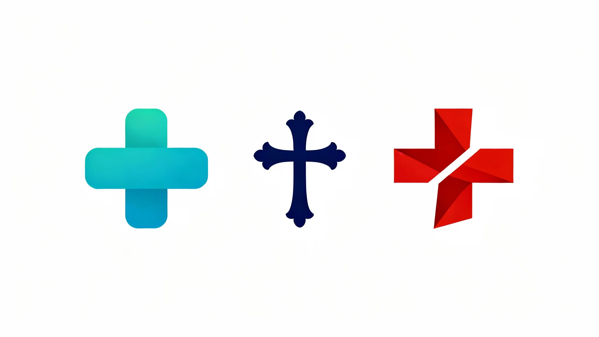 Three different cross logo designs presented as a brand mockup on a white background, showing a minimalist medical cross, an elegant spiritual cross, and a bold dynamic cross.