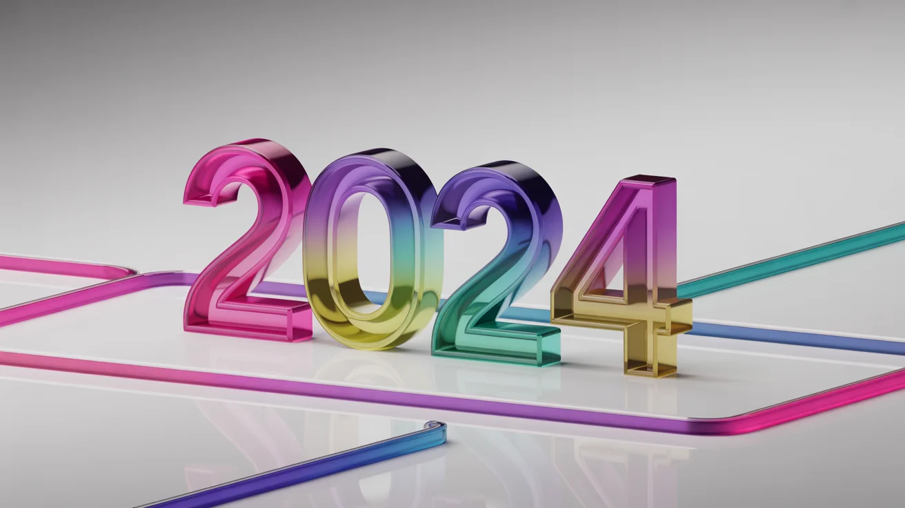 A stunning hero image showcasing a photorealistic 3D rendering of the number 2024 in vibrant, glossy colors against a clean white background, demonstrating the final output of a 3D number generator.