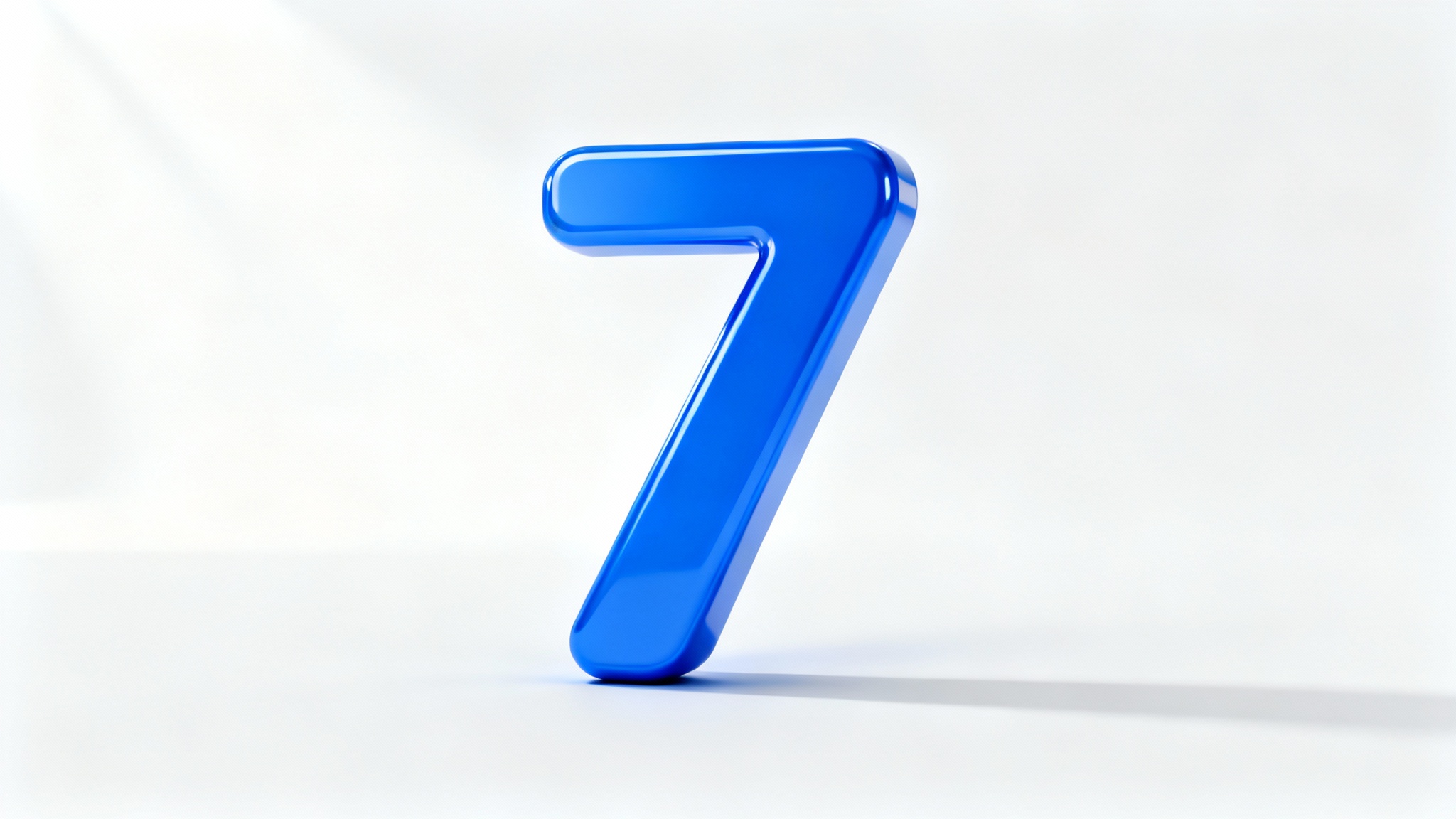 A hyper-realistic 3D rendering of the number seven in a glossy, vibrant blue color, set against a plain white background with a soft shadow underneath.