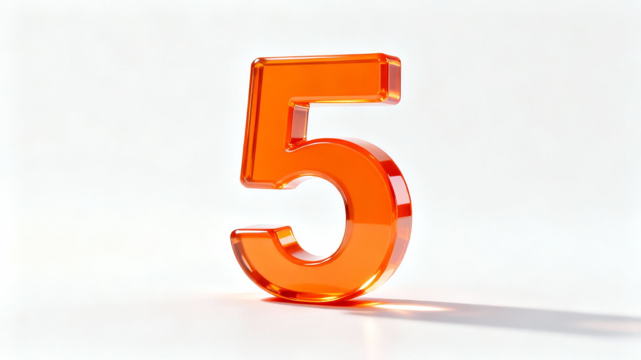 A high-quality 3D render of the number 5, made from a glossy orange material, standing on a clean white background, casting a soft shadow.